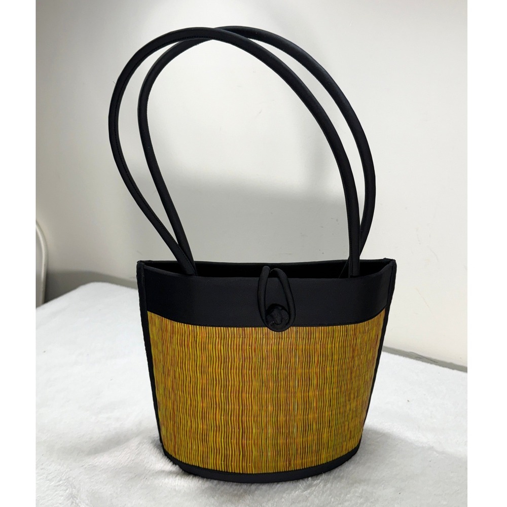 Woven Straw Bucket Bag Yellow Green Striped Curved Tote Black Trim Shoulder Bag